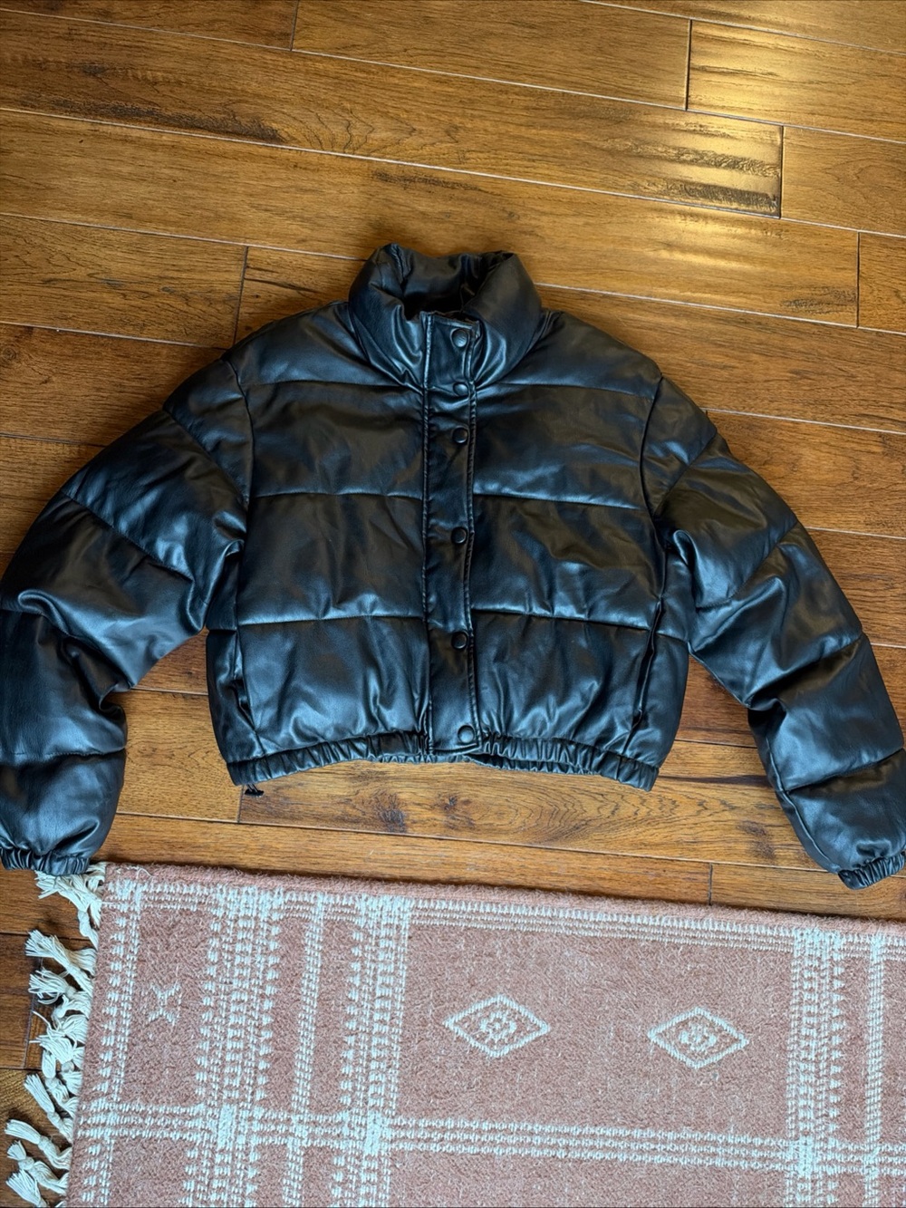 Black Faux Leather Cropped Puffer Jacket Zara Medium Coat